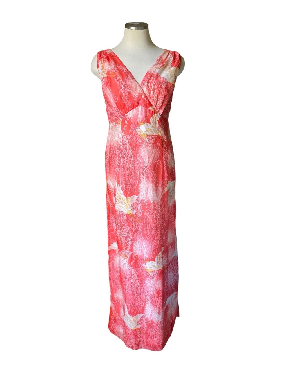 ELsie Krassas vintage Coral Floral V-Neck Maxi Dress with Cap Sleeves